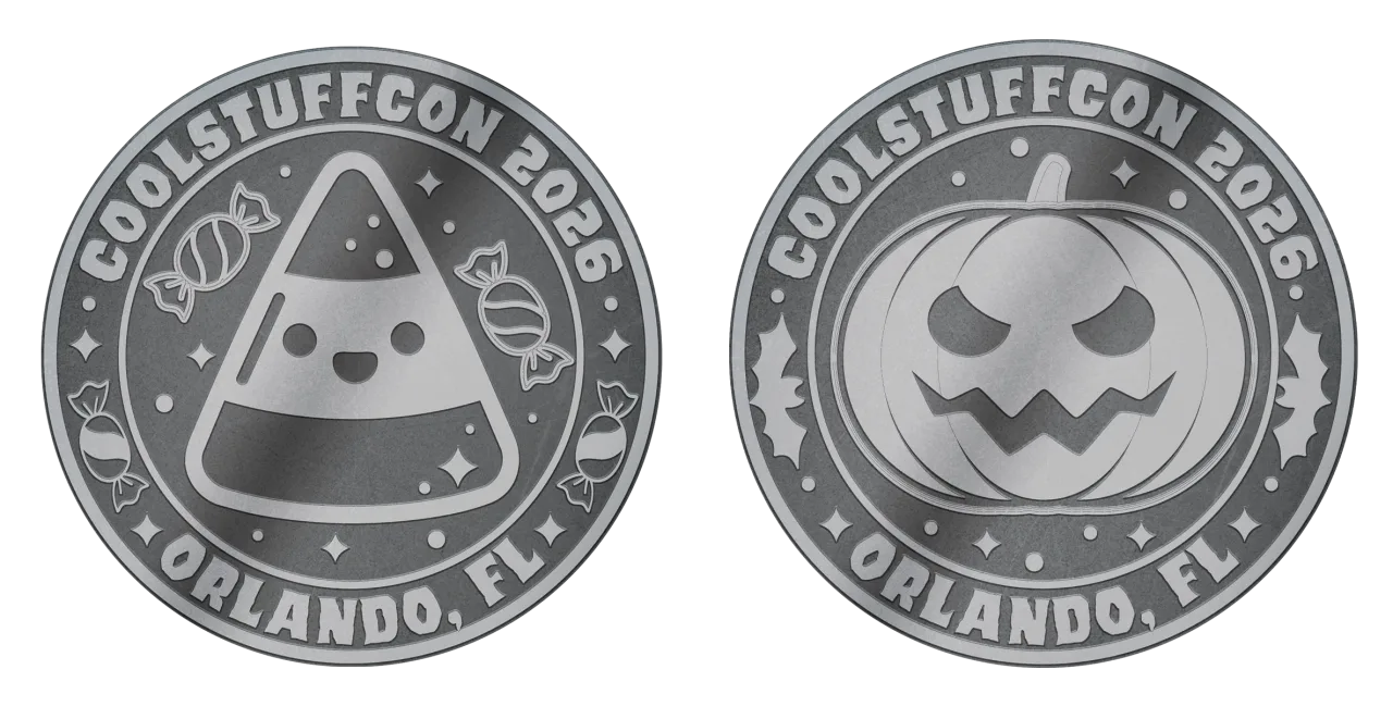 Silver food coin tokens with a smiling candy corn on one side, and a jack-o-lantern on the other