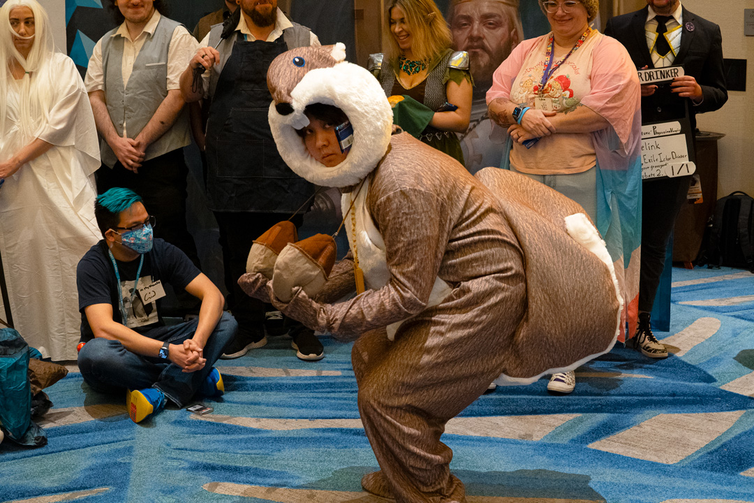 Guest dressed in a squirrel mascot costume for the cosplay contest