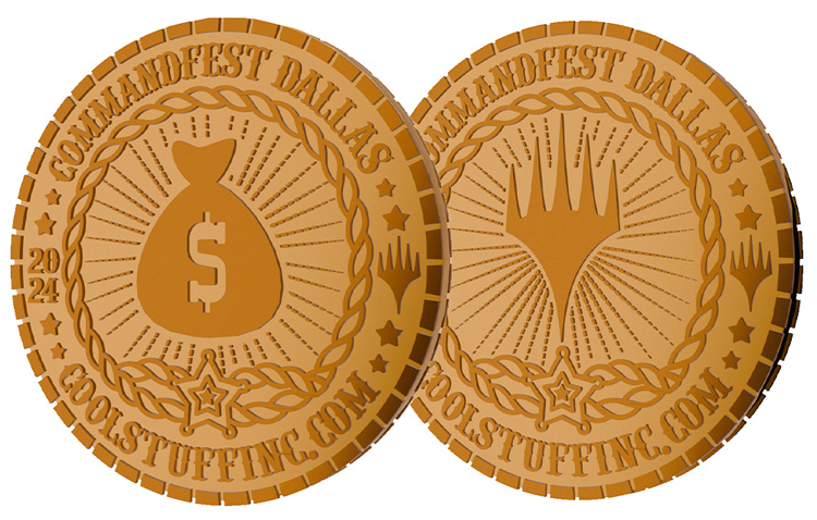 Front and back 3D render of Treasure Token. Gold metal coin with a Planeswalker Symbol on one side, and a western-style money bag on the other.