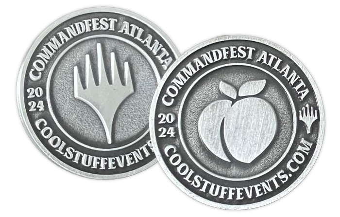 Front view of the coin featuring a peach. Back view of the coin featuring a Planeswalker symbol.