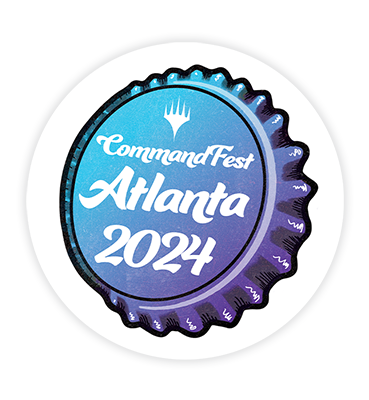 A bottle cap in the style of Coca-Cola. It fades from blue to purple in a gradient. It reads "Command Fest Atlanta 2024."
