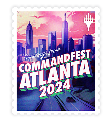 Postage stamp sticker with the Atlanta skyline in purple and pink. It reads "Greetings from Command Fest Atlanta 2024."